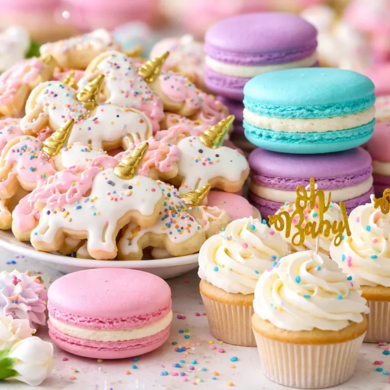 A variety of beautiful baby shower desserts including mini cheesecakes and cake pops.