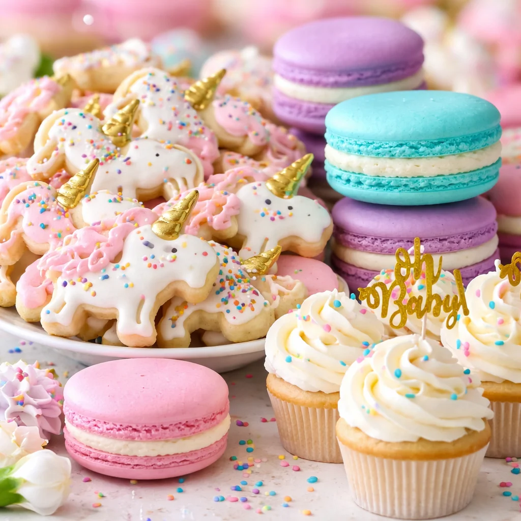 A variety of beautiful baby shower desserts including mini cheesecakes and cake pops.