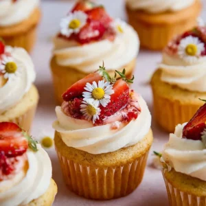 Delicious fresh strawberry and white chocolate cupcakes on a plate