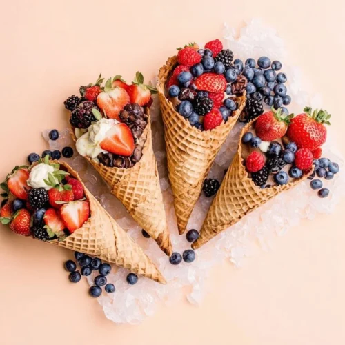 Colorful healthy fruit cones filled with fresh fruits and yogurt.