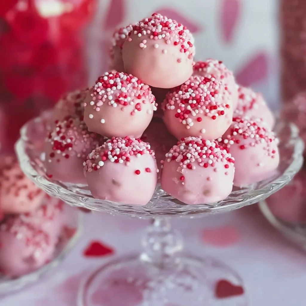 Oreo truffle balls with pink candy coating, a delicious dessert treat.