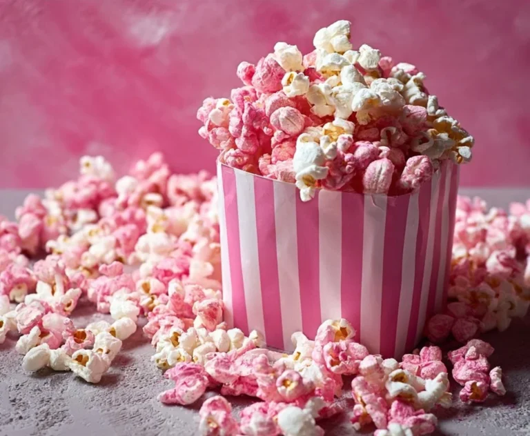 Colorful pink popcorn in a bowl, perfect for parties and celebrations