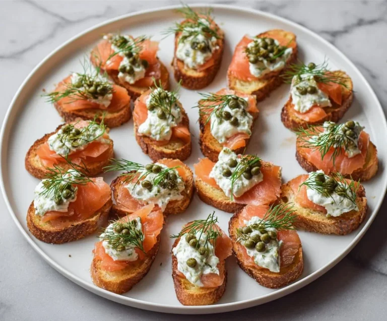 Delicious smoked salmon crostini topped with cream cheese and herbs