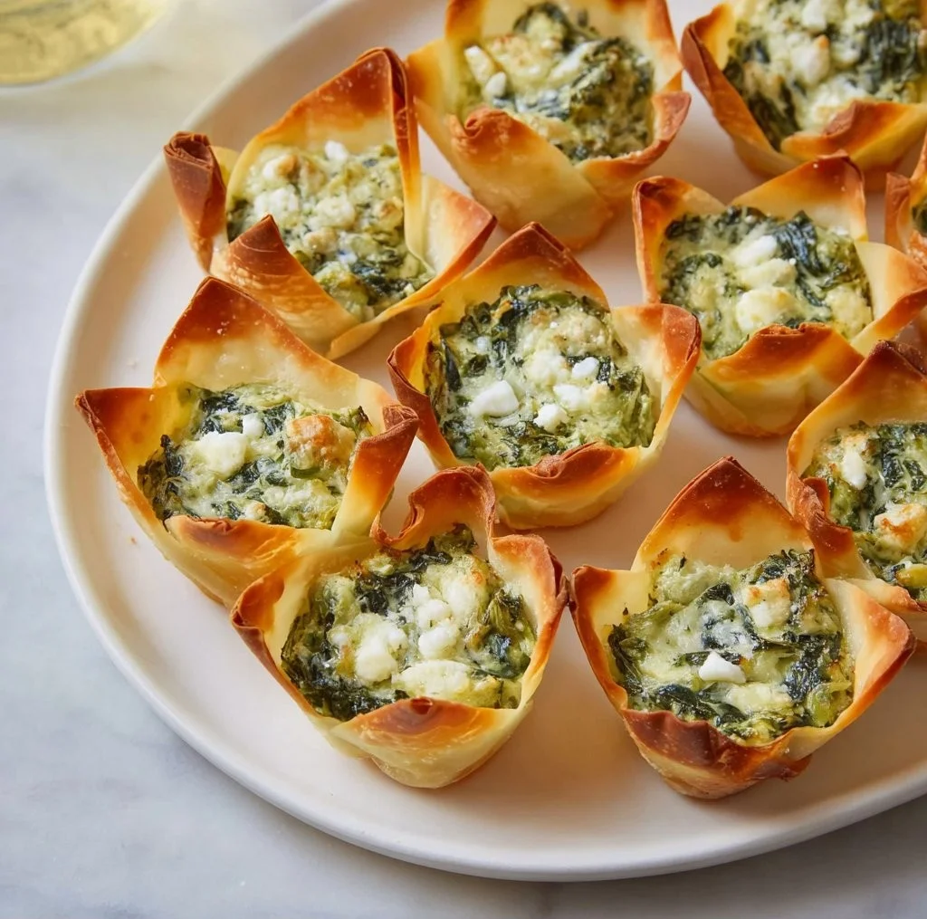 Spinach-artichoke dip served in crispy wonton cups