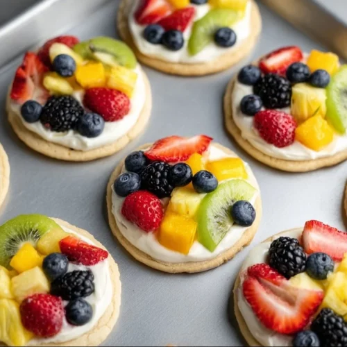 Delicious sugar cookie fruit pizzas topped with fresh fruits.