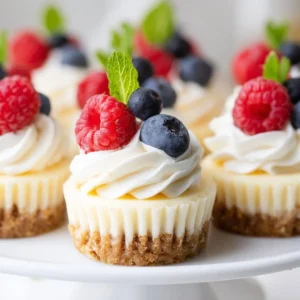 Delicious mini cheesecakes topped with berries on a dessert platter.