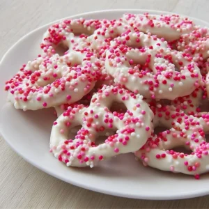 Delicious white chocolate-covered pretzels on a plate