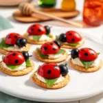 Ladybug Caprese Bites on a platter, featuring cherry tomatoes, mozzarella, and basil.