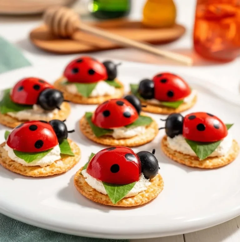 Ladybug Caprese Bites on a platter, featuring cherry tomatoes, mozzarella, and basil.