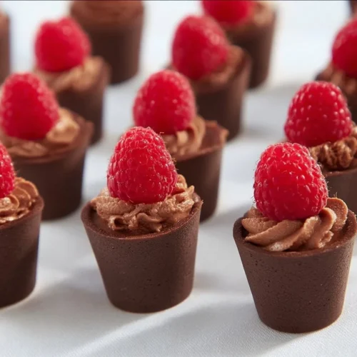 Mini dark chocolate mousse cups topped with whipped cream on a wooden table