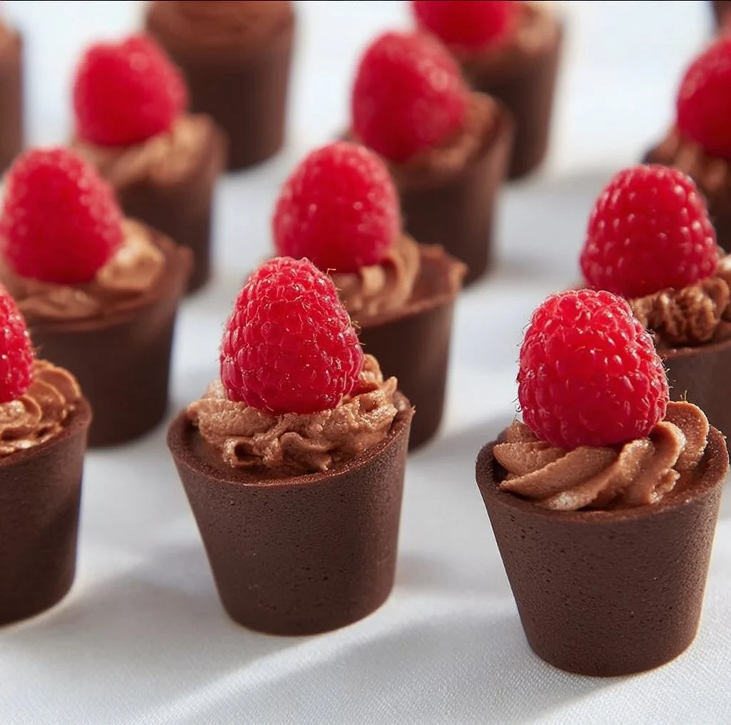 Mini dark chocolate mousse cups topped with whipped cream on a wooden table