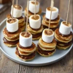 Mini Nutella Pancake Skewers featuring S'mores Pancakes stacked with chocolate and graham crackers