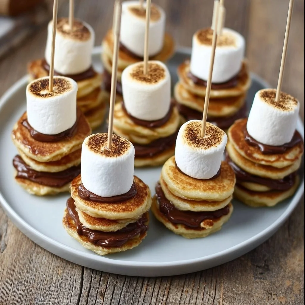 Mini Nutella Pancake Skewers featuring S'mores Pancakes stacked with chocolate and graham crackers