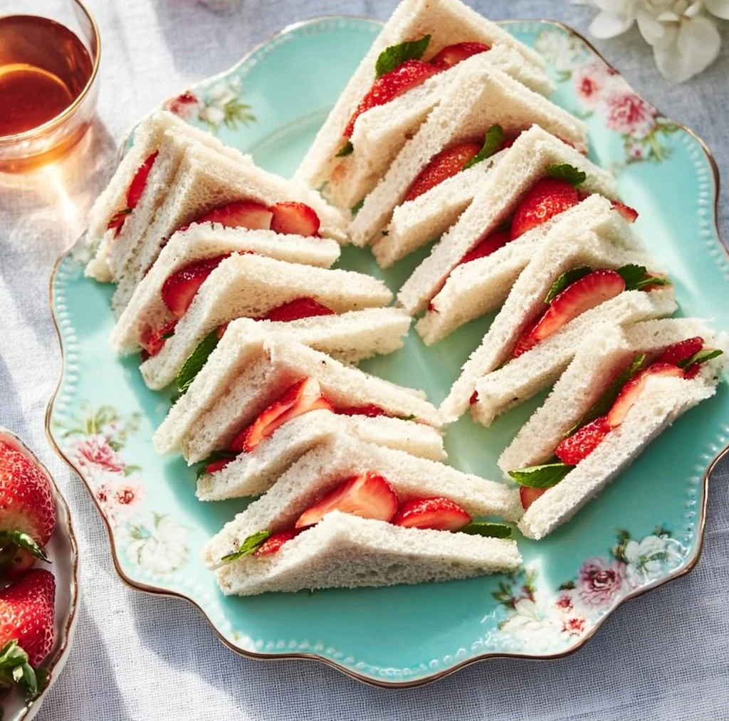 Strawberry tea sandwiches arranged on a plate for afternoon tea.
